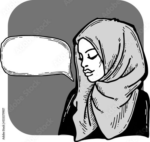 Young Arab woman with beautiful face tell message. Wear traditional fashion niqab head wear. Hand drawn comic cartoon style illustration. Line art vector drawing.