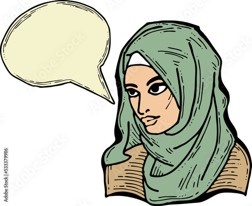 Young Arab woman with beautiful face tell message. Wear traditional fashion niqab head wear. Hand drawn comic cartoon style illustration. Line art vector drawing.