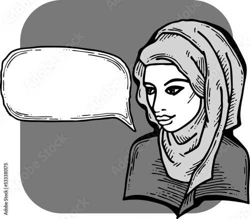 Young Arab woman with beautiful face tell message. Wear traditional fashion niqab head wear. Hand drawn comic cartoon style illustration. Line art vector drawing.