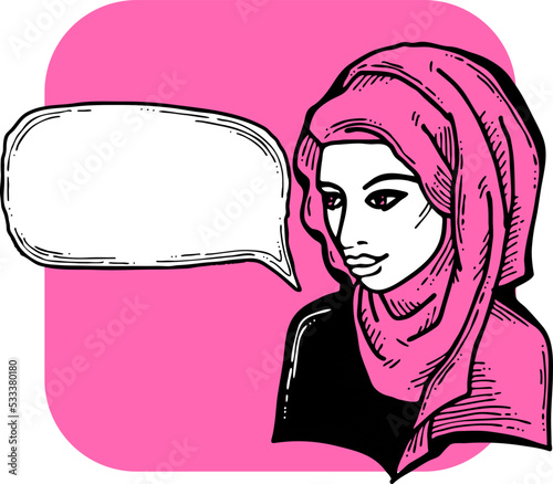 Young Arab woman with beautiful face tell message. Wear traditional fashion niqab head wear. Hand drawn comic cartoon style illustration. Line art vector drawing.