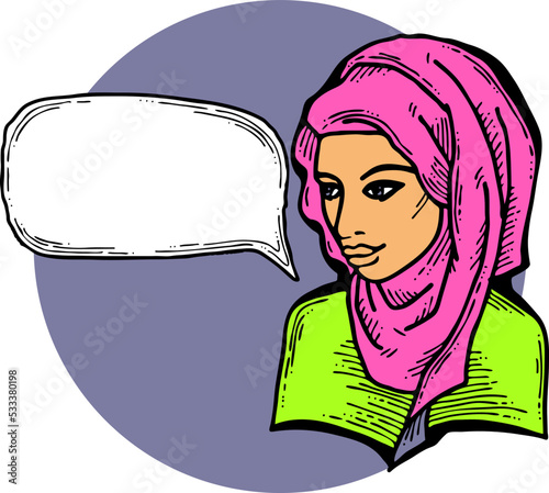 Young Arab woman with beautiful face tell message. Wear traditional fashion niqab head wear. Hand drawn comic cartoon style illustration. Line art vector drawing.