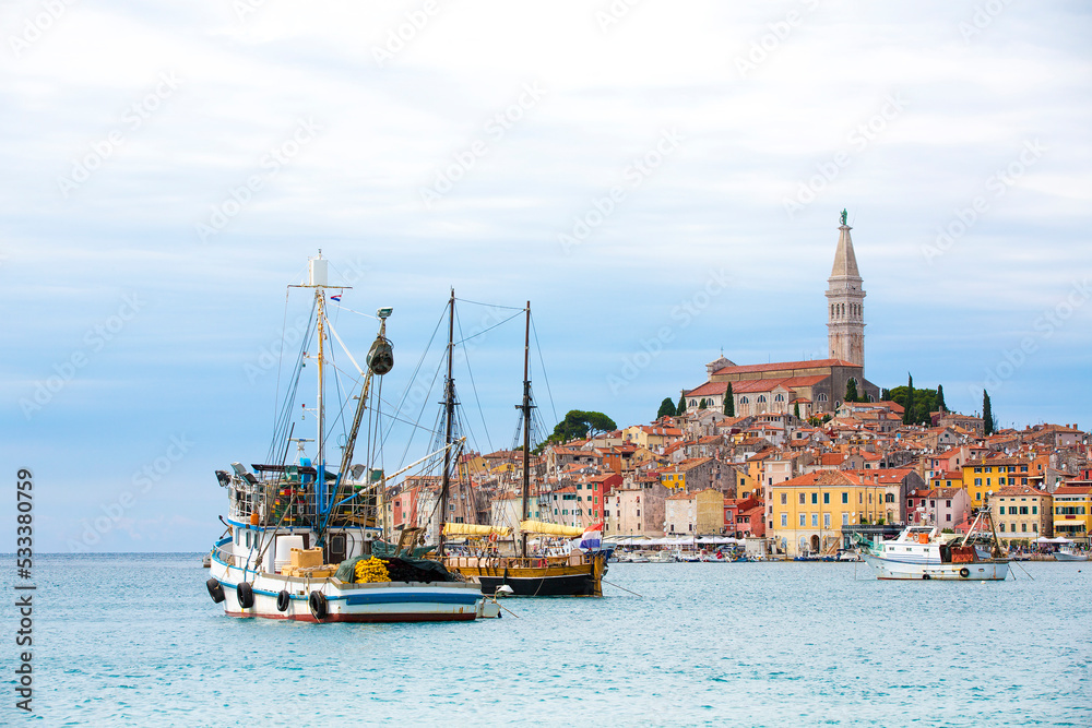 View of Moored Boats and the Old City Peninsula of Rovinj, Croatia