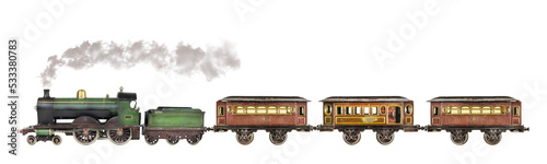 Vintage rusted and weathered toy passenger train with locomotive isolated on white photo