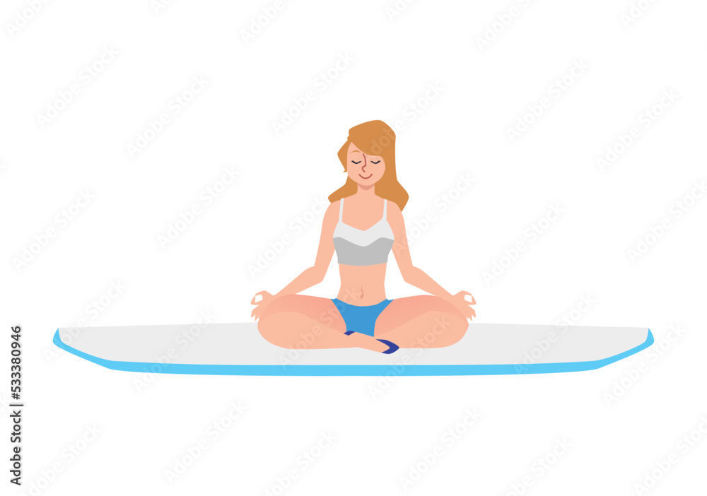 Woman practicing meditation on paddleboard flat vector illustration isolated. Woman practicing meditation on paddleboard flat vector illustration isolated.