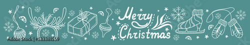 Christmas stickers. New Year Coloring. Winter mood. Christmas stocking, present, skate, and Christmas toy.