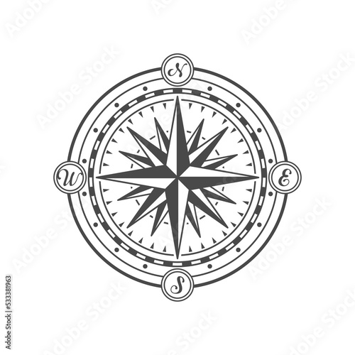 Antique wind rose isolated on white background. Nautical navigation and cartography symbol vector illustration.