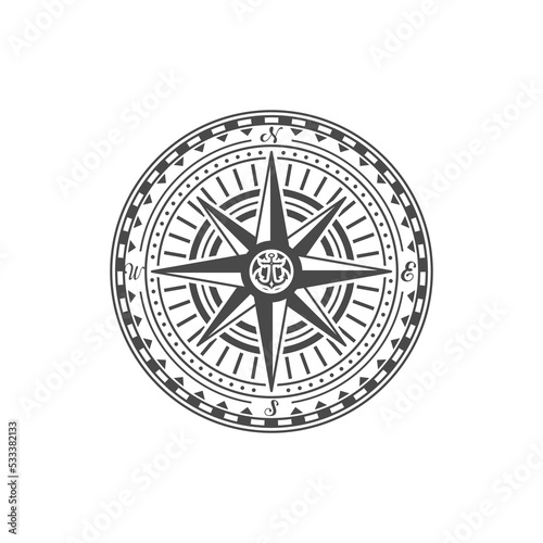 Old fashioned compass rose isolated on white background. Nautical navigation and cartography symbol vector illustration.