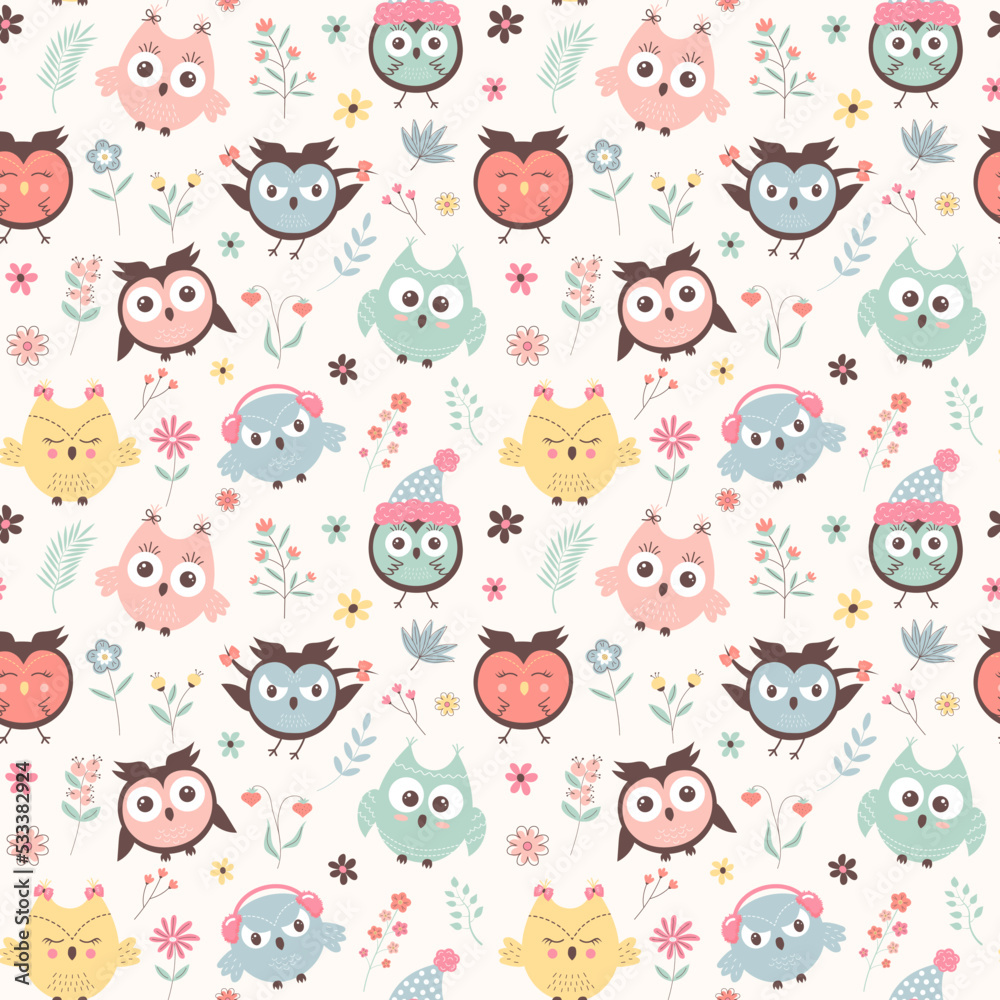 Cute owls and flowers seamless pattern. Scandinavian boho print. Creative kids texture for fabric, wrapping, textile, wallpaper, apparel.
