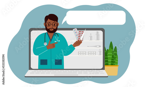 Online consultation or feedback concept. Laptop with a picture of a male pharmacist with medicines in his hand.