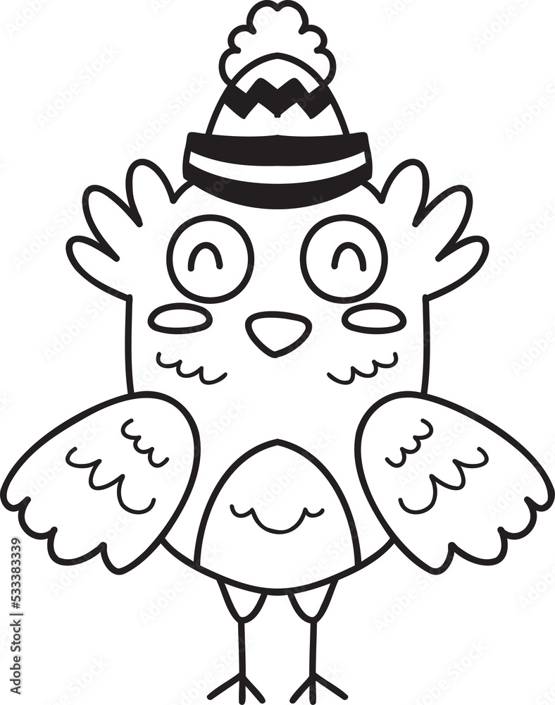 Hand Drawn happy bird wearing christmas hat illustration