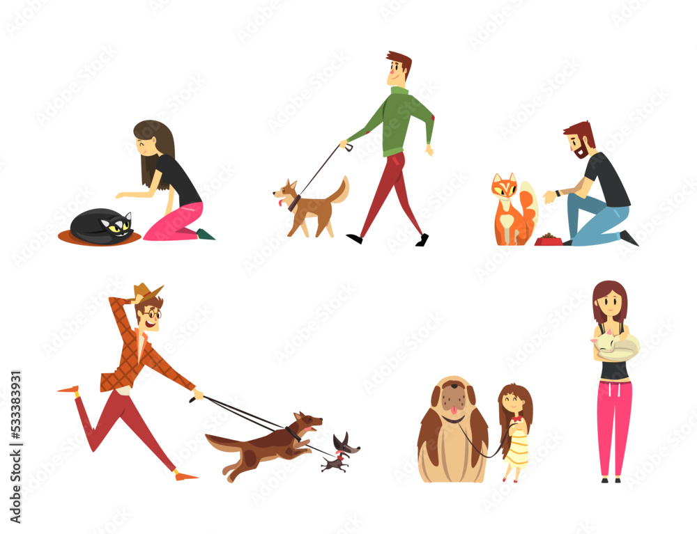 Happy people and pets set. Cheerful pet owners walking, hugging and feeding their cats and dogs cartoon vector illustration