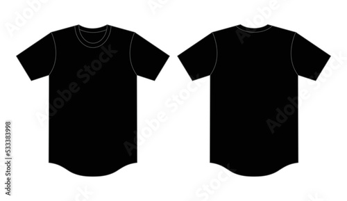 Blank Black Short Sleeve T-Shirt With Curved Hem Template On White Background.Front and Back View, Vector File