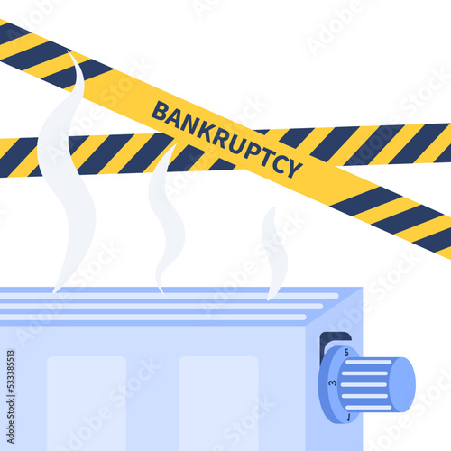 Thermostatic valve of the radiator with bankruptcy warning tapes. Reducing the heat due to high energy prices. Regulating the temperature in the house. Lowering heating costs in winter.