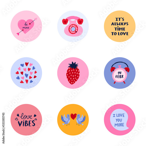 Cute and trendy highlights for different social media, bloggers and companies about St. Valentine's day with bright illustrations. Vector hand drawn clipart. Concept of love, romance, holiday.
