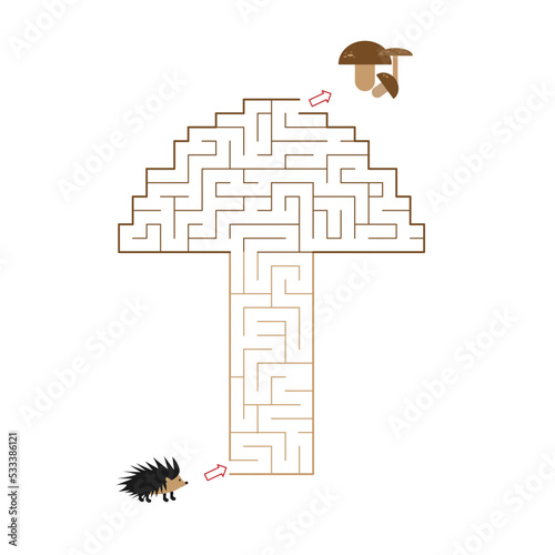 Mushroom shaped labyrinth with entry and One exit (only one solution). Hedgehog is searching the mushrooms. Line maze game. Medium complexity. Kids maze puzzle, vector illustration