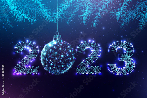 Happy new year 2023 greeting card. Low poly style design. Numbers from a polygonal wireframe mesh. Abstract vector illustration on dark background.
