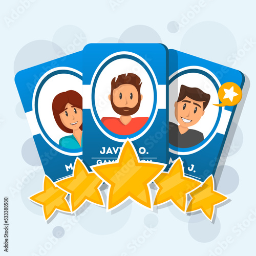 Customer review with five star rating. Cards with human heads, shot review and rating stars. Positive user feedback for product or service, evaluation of a candidate for work vector illustration.