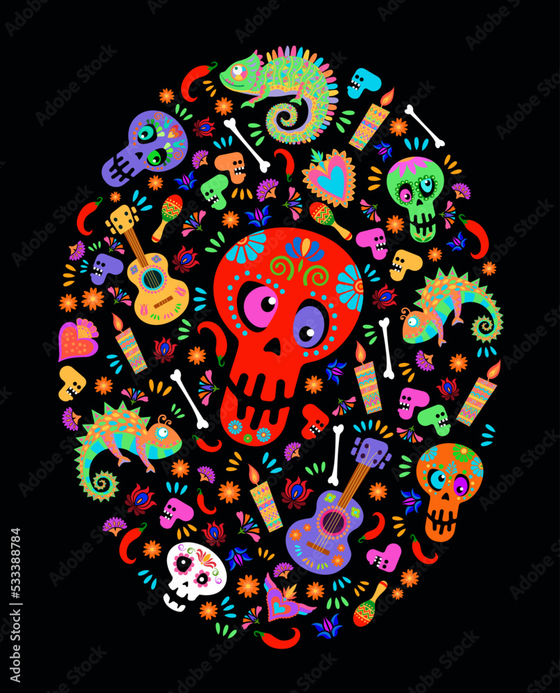 Day of the dead, Dia de los muertos, skulls decorated with colorful Mexican elements and flowers. Halloween, holiday poster, party flyer. Vector illustration