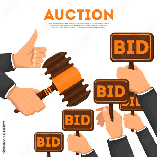 Auction public sale poster with human hands holding BID signs. Potential buyers making higher bids to get goods and property. Auctioneer with thumb up and auction hammer vector illustration