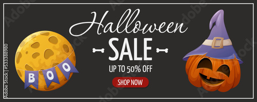 Halloween sale flyer. Pumpkin in the sorcery hat and full moon with text boo. Cute vector illustration. For banner, advertising, store