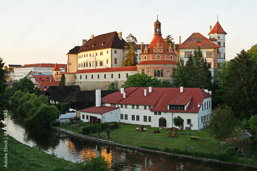 Jindrichuv Hradec Castle and Chateau, beautiful landmark towering above river, popular tourist destination