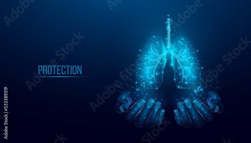Two human hands are holds human lungs. Support healthy lungs concept. Wireframe glowing low poly design on dark blue background. Abstract futuristic vector illustration. photo