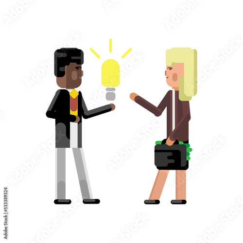 African businessman holding idea light bulb and blonde businesswoman with money suitcase. Corporate multicultural business people isolated vector illustration.