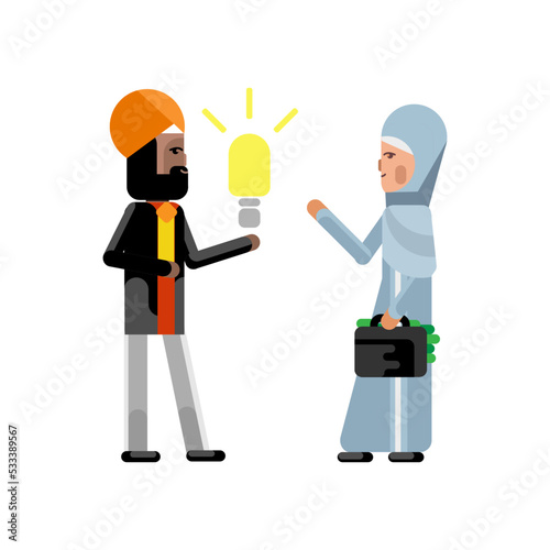 Indian businessman holding idea light bulb and arabic businesswoman with money suitcase. Corporate multicultural business people vector illustration.