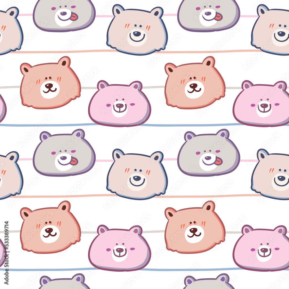 Seamless Pattern with Cartoon Bear Face on White Background with Pastel Lines