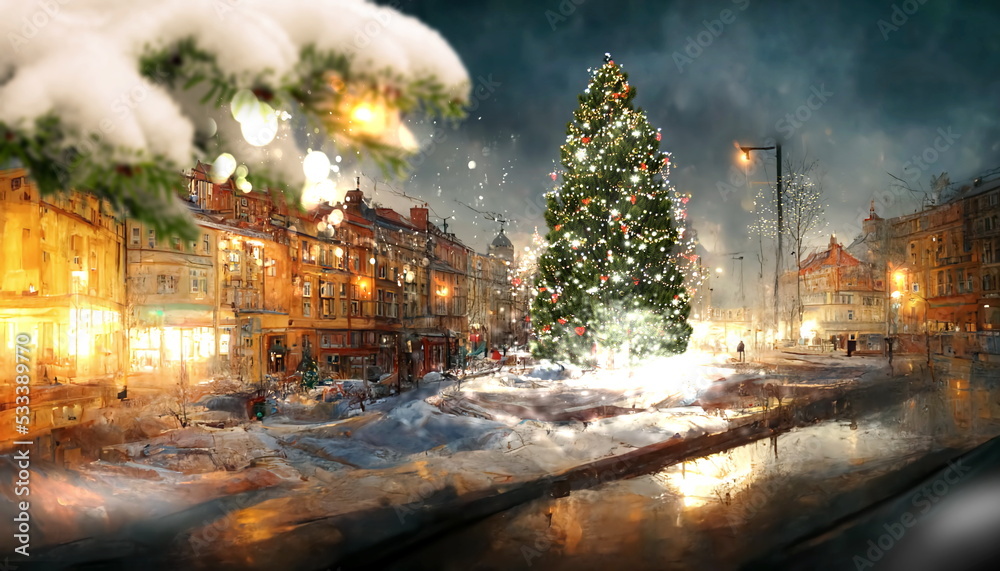 winter city Christmas tree illumination snowy evening blurred light people walk and buildings windows light car on street winter town snowy weather urban lifestyle winter city Christmas tree illumination snowy evening blurred light people walk and buildings windows light car on street winter town snowy weather urban lifestyle