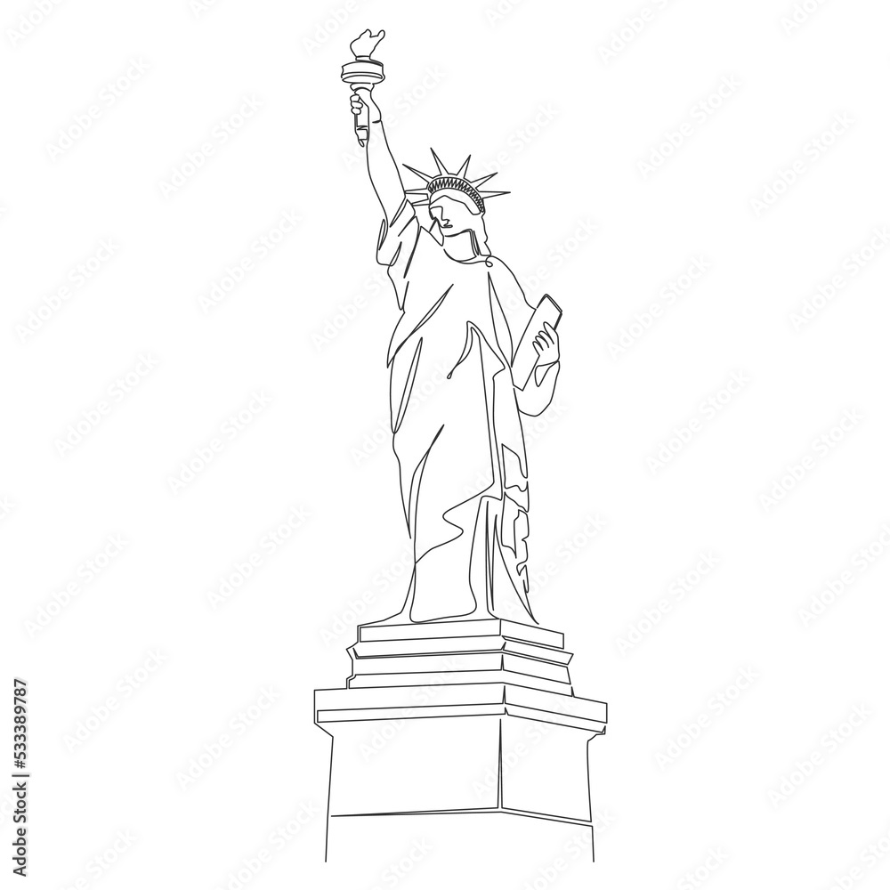 single line drawing of statue of liberty isolated on white background