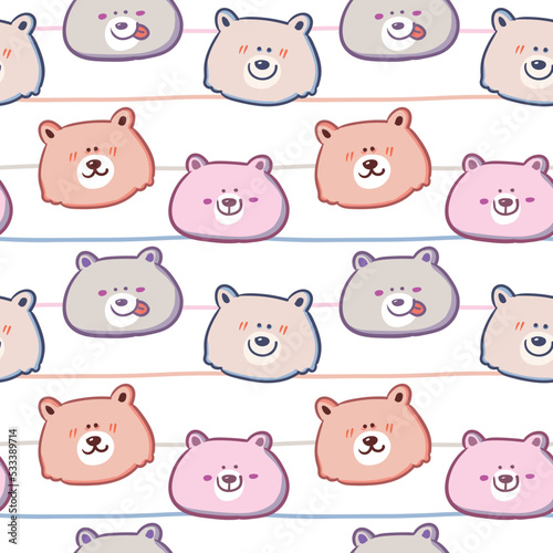 Seamless Pattern with Cartoon Bear Face on White Background with Pastel Lines
