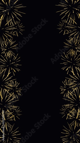 Golden firework illustration, black background. Backdrop to use for overlay, montage, collage, social media or card. Happy new year concept.