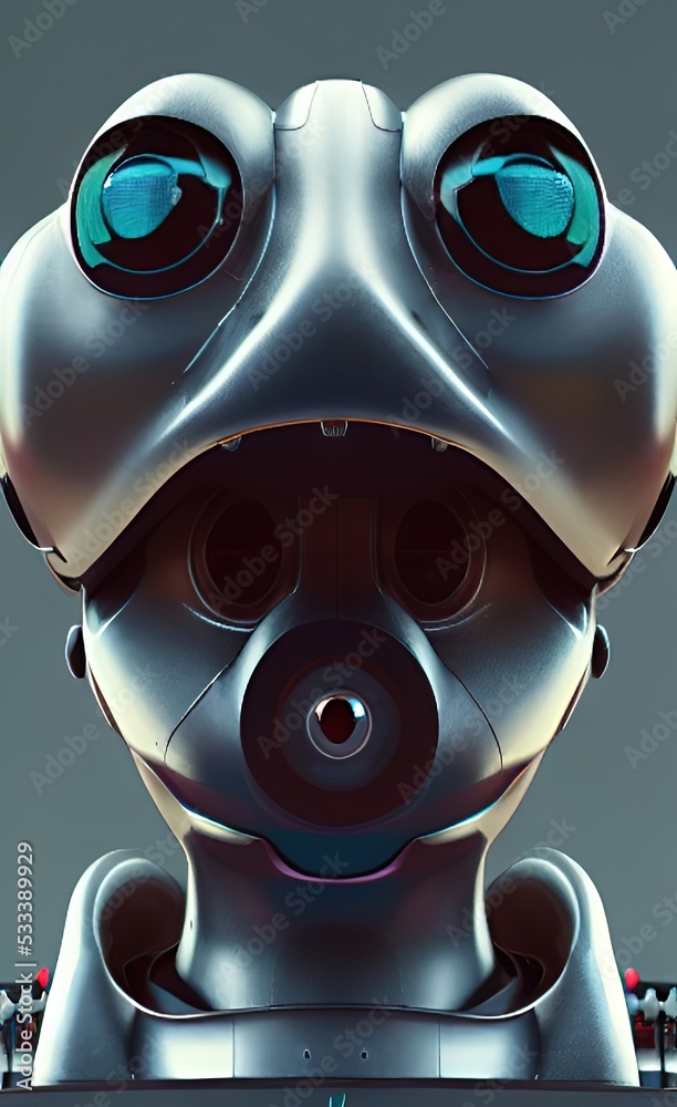 Futuristic robot head. Front view cyber face. Sci-fi digital illustration