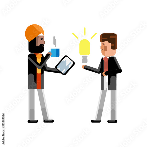 European man holding idea light bulb and indian businessman with coffee cup and tablet pc. Corporate multicultural business people vector illustration.