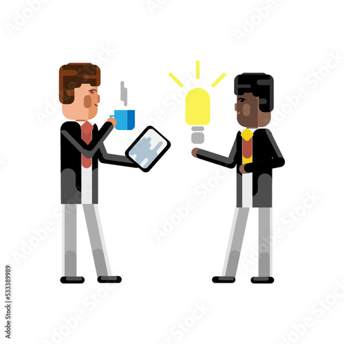 African man holding idea light bulb and european businessman with coffee cup and tablet pc. Corporate multicultural business people vector illustration.
