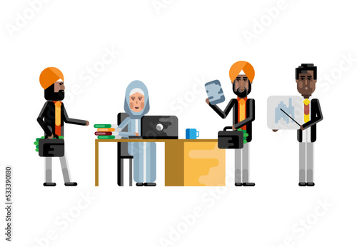 Arabic and indian business team working in office, black man doing business presentation. Corporate multicultural business people isolated vector illustration.