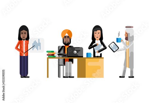 Indian businessman working in office, woman doing presentation, arab man with tablet pc. Corporate multicultural business people isolated vector illustration.