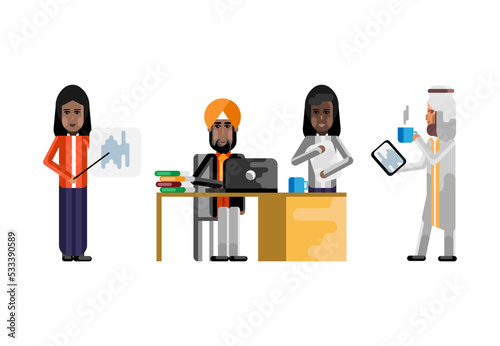 Multiethnic business staff in office, arab businessman with tablet pc and coffee cup. Corporate multicultural business people isolated vector illustration.