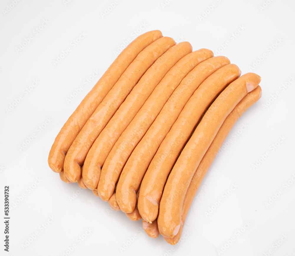 Wiener sausages, frankfurters, isolated on white background. Polish