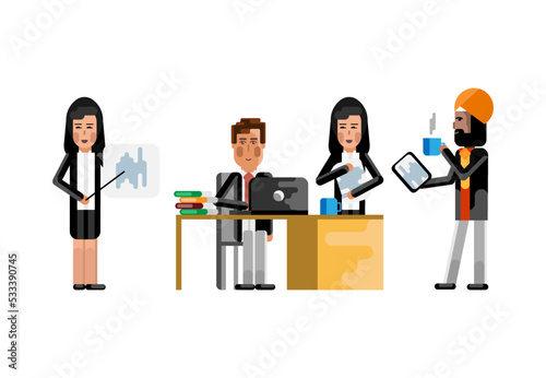 Multiethnic business people in office, asian speaker doing presentation, indian businessman in turban with tablet pc. Corporate multicultural business staff isolated vector illustration.