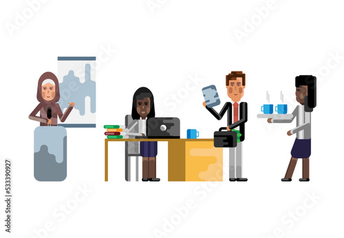 Multiethnic teamwork, arabic woman doing presentation, black businesswoman working at computer and secretary with coffee cups. Corporate multicultural business people isolated vector illustration.