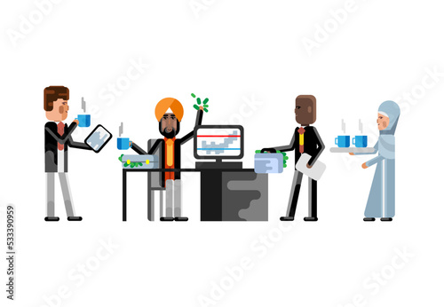 Multiethnic business staff, european businessman with tablet pc and indian man in turban working at office desk. Corporate multicultural business people isolated vector illustration.