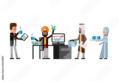 Multiethnic business staff in office, european businessman with tablet pc, secretary in hijab with coffee cups. Corporate multicultural business people isolated vector illustration.