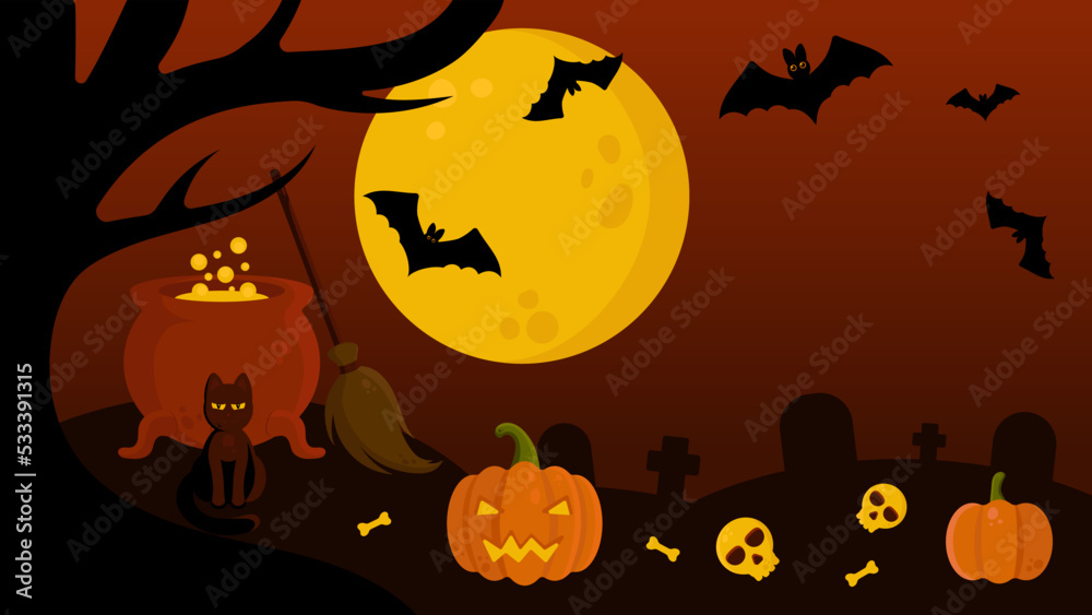 Halloween Vector Background With Night Cemetery Landscape. Graves, Skulls, Bones, Witch Cauldron, Broom, Black Cat, Jack O'Lantern, Bats. Perfect for Web Sites, Printed Materials, Social Media, etc.