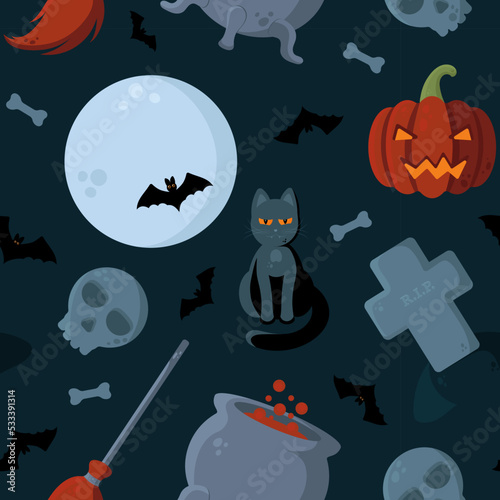 Halloween Vector Seamless Pattern With Jack O'Lantern, Moon and Bats, Grave, Skulls and Bones; Witch Cauldron and Broom, Black Cat. Perfect Print for Wrapping Paper, Packing, Textile, etc.