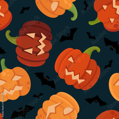 Halloween Vector Seamless Pattern With Jack O'Lantern and Bats. Perfect Print for Wrapping Paper, Packing, Textile, etc.
