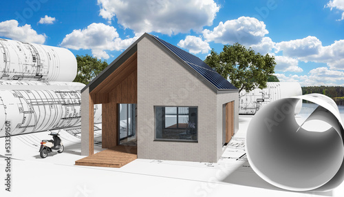 Energieeffiziente Einfamilienhausbauweise mit Klinker-Fassader und Landschaft im Hintergrund photo