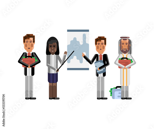 Business team doing financial presentation near whiteboard before european and arabic depositors. Corporate multicultural business people isolated vector illustration.