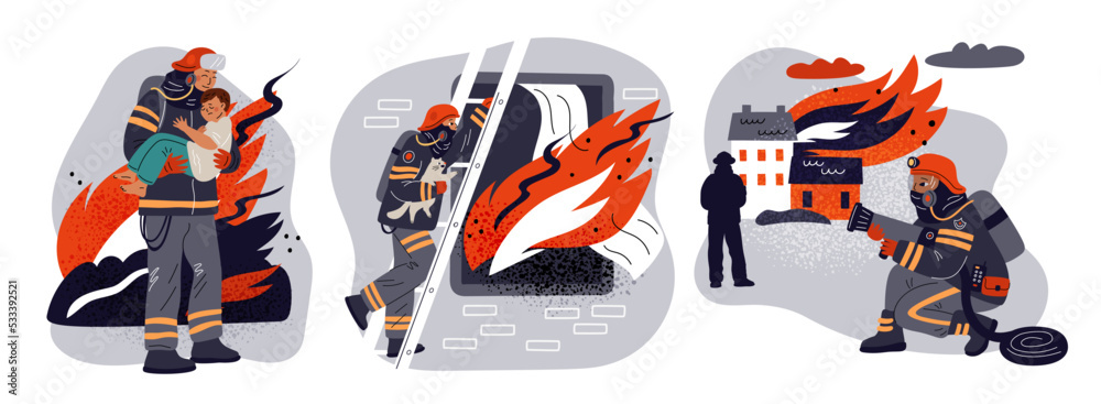 Firefighters characters concept. Professionals fighting with fire. Emergency service workers. Firemen extinguish burning building. Rescue of people or pets. Garish vector extinguishers set